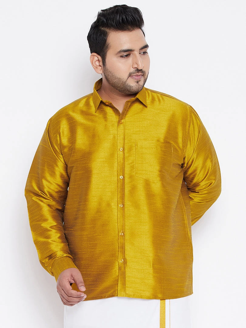 VASTRAMAY Men's Plus Size Mustard Silk Blend Ethnic Shirt 3 VASTRAMAY Men's Plus Size Mustard Silk Blend Ethnic Shirt