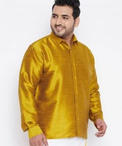 VASTRAMAY Men's Plus Size Mustard Silk Blend Ethnic Shirt