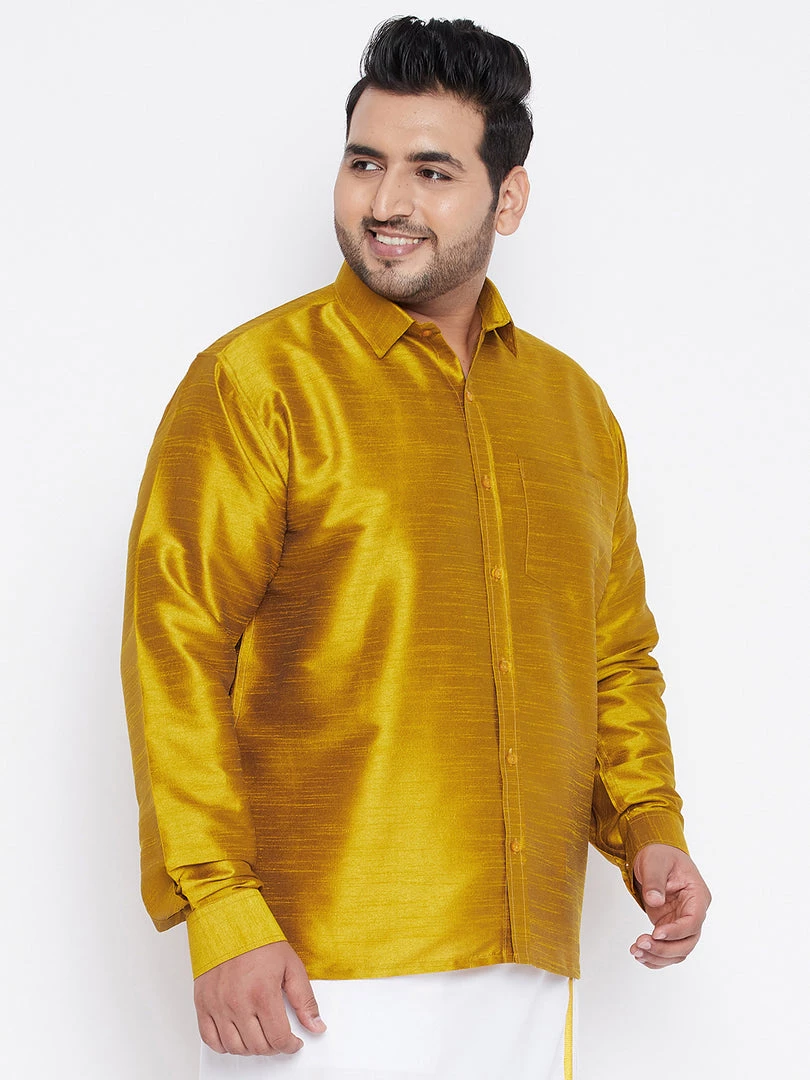 VASTRAMAY Men's Plus Size Mustard Silk Blend Ethnic Shirt 4 VASTRAMAY Men's Plus Size Mustard Silk Blend Ethnic Shirt