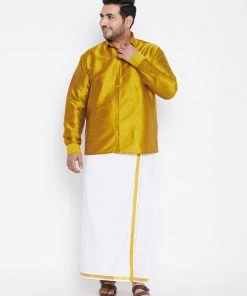 Vastramay Men's Plus Size Mustard And White Silk Blend Shirt And Mundu Set Plus Size Collection