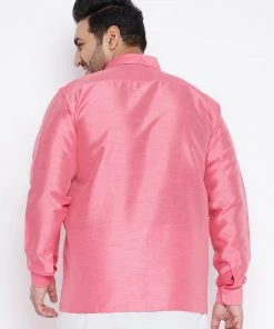 VASTRAMAY Men's Plus Size Pink Silk Blend Ethnic Shirt