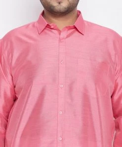 VASTRAMAY Men's Plus Size Pink Silk Blend Ethnic Shirt