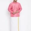 Vastramay Plus Size Collection Men's Plus Size Pink And White Silk Blend Shirt And Mundu Set