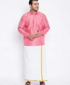 Vastramay Plus Size Collection Men's Plus Size Pink And White Silk Blend Shirt And Mundu Set