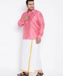 Vastramay Plus Size Collection Men's Plus Size Pink And White Silk Blend Shirt And Mundu Set
