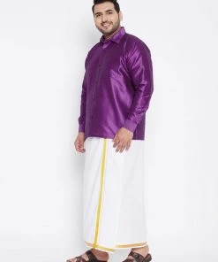 Vastramay Men's Plus Size Purple And White Silk Blend Shirt And Mundu Set Plus Size Collection