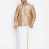 Vastramay Plus Size Collection Men's Plus Size Rose Gold And White Silk Blend Shirt And Mundu Set