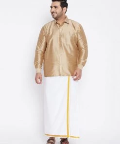 Vastramay Plus Size Collection Men's Plus Size Rose Gold And White Silk Blend Shirt And Mundu Set