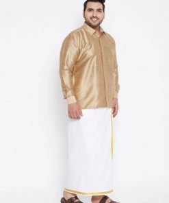 Vastramay Plus Size Collection Men's Plus Size Rose Gold And White Silk Blend Shirt And Mundu Set