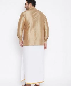 Vastramay Plus Size Collection Men's Plus Size Rose Gold And White Silk Blend Shirt And Mundu Set