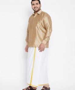 Vastramay Plus Size Collection Men's Plus Size Rose Gold And White Silk Blend Shirt And Mundu Set