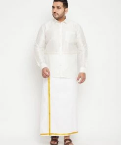 Vastramay Men's Plus Size White Silk Blend Shirt And Mundu Set