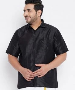 VASTRAMAY Men's Plus Size Black Silk Blend Ethnic Shirt