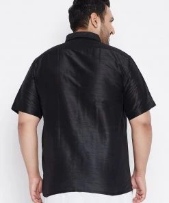 VASTRAMAY Men's Plus Size Black Silk Blend Ethnic Shirt