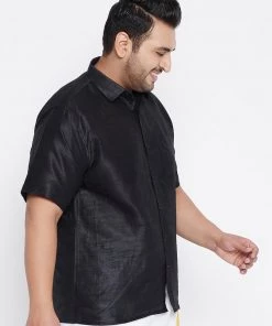 VASTRAMAY Men's Plus Size Black Silk Blend Ethnic Shirt
