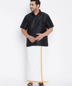 VASTRAMAY Men's Plus Size Black Silk Blend Ethnic Shirt