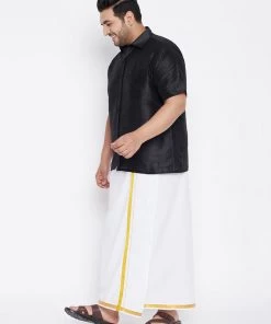 Vastramay Men's Plus Size Black Silk Blend Ethnic Shirt And Mundu Set Plus Size Collection