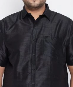 Vastramay Men's Plus Size Black Silk Blend Ethnic Shirt And Mundu Set Plus Size Collection