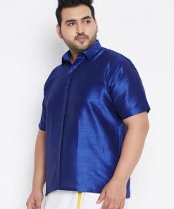 VASTRAMAY Men's Plus Size Blue Silk Blend Ethnic Shirt