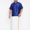 Vastramay Men's Plus Size Blue And White Silk Blend Shirt And Mundu Set Plus Size Collection