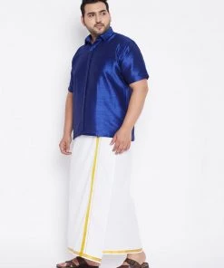 Vastramay Men's Plus Size Blue And White Silk Blend Shirt And Mundu Set Plus Size Collection 9 Vastramay Men's Plus Size Blue And White Silk Blend Shirt And Mundu Set Plus Size Collection