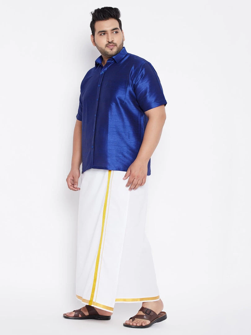 Vastramay Men's Plus Size Blue And White Silk Blend Shirt And Mundu Set Plus Size Collection 5 Vastramay Men's Plus Size Blue And White Silk Blend Shirt And Mundu Set Plus Size Collection