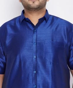 Vastramay Men's Plus Size Blue And White Silk Blend Shirt And Mundu Set Plus Size Collection 10 Vastramay Men's Plus Size Blue And White Silk Blend Shirt And Mundu Set Plus Size Collection