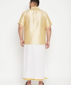 Vastramay Men's Plus Size Gold And White Silk Blend Shirt And Mundu Set Plus Size Collection