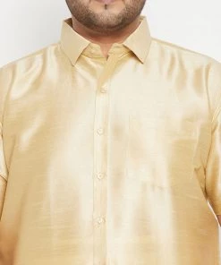 Vastramay Men's Plus Size Gold And White Silk Blend Shirt And Mundu Set Plus Size Collection