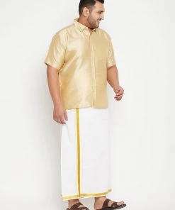 Vastramay Men's Plus Size Gold And White Silk Blend Shirt And Mundu Set Plus Size Collection