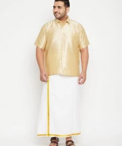 Vastramay Men's Plus Size Gold And White Silk Blend Shirt And Mundu Set Plus Size Collection