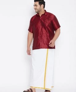 Vastramay Men's Plus Size Maroon And White Silk Blend Shirt And Mundu Set Plus Size Collection