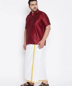 Vastramay Men's Plus Size Maroon And White Silk Blend Shirt And Mundu Set Plus Size Collection