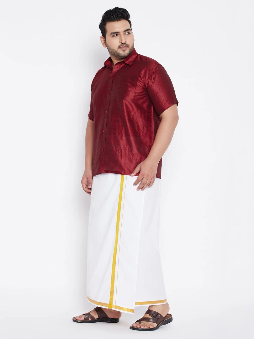 Vastramay Men's Plus Size Maroon And White Silk Blend Shirt And Mundu Set Plus Size Collection 4 Vastramay Men's Plus Size Maroon And White Silk Blend Shirt And Mundu Set Plus Size Collection