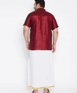 Vastramay Men's Plus Size Maroon And White Silk Blend Shirt And Mundu Set Plus Size Collection 11 Vastramay Men's Plus Size Maroon And White Silk Blend Shirt And Mundu Set Plus Size Collection
