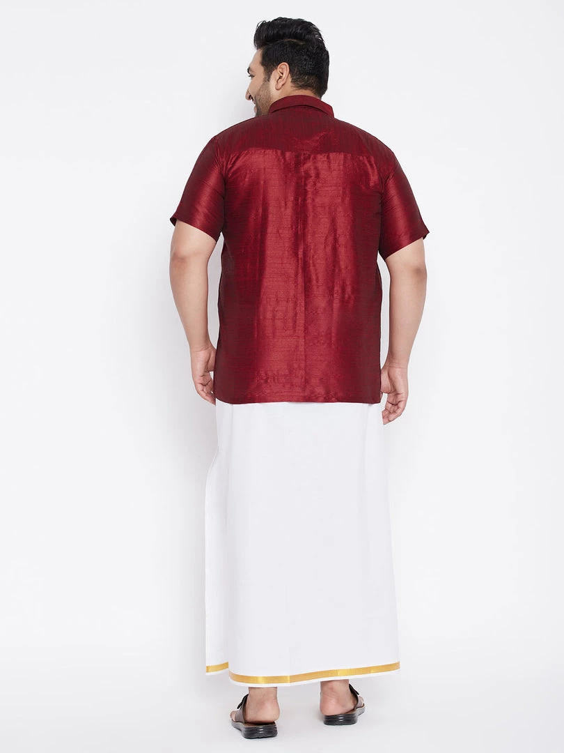 Vastramay Men's Plus Size Maroon And White Silk Blend Shirt And Mundu Set Plus Size Collection 5 Vastramay Men's Plus Size Maroon And White Silk Blend Shirt And Mundu Set Plus Size Collection