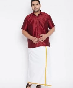Vastramay Men's Plus Size Maroon And White Silk Blend Shirt And Mundu Set Plus Size Collection 15 Vastramay Men's Plus Size Maroon And White Silk Blend Shirt And Mundu Set Plus Size Collection
