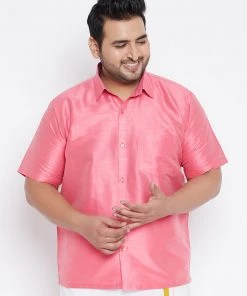 VASTRAMAY Men's Plus Size Pink Silk Blend Ethnic Shirt Plus Size Collection