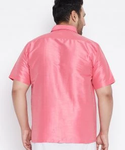 VASTRAMAY Men's Plus Size Pink Silk Blend Ethnic Shirt Plus Size Collection