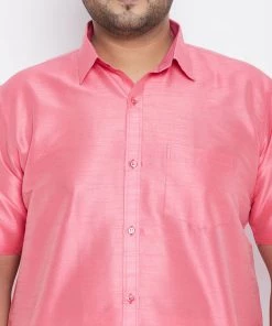VASTRAMAY Men's Plus Size Pink Silk Blend Ethnic Shirt Plus Size Collection