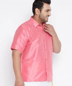 VASTRAMAY Men's Plus Size Pink Silk Blend Ethnic Shirt Plus Size Collection