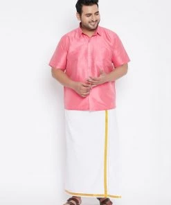 Vastramay Men's Plus Size Pink And White Silk Blend Shirt And Mundu Set