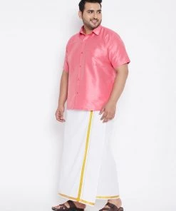 Vastramay Men's Plus Size Pink And White Silk Blend Shirt And Mundu Set