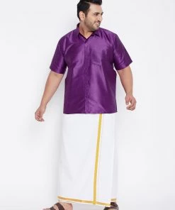 Vastramay Men's Plus Size Purple And White Silk Blend Shirt And Mundu Set