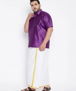 Vastramay Men's Plus Size Purple And White Silk Blend Shirt And Mundu Set