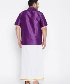 Vastramay Men's Plus Size Purple And White Silk Blend Shirt And Mundu Set
