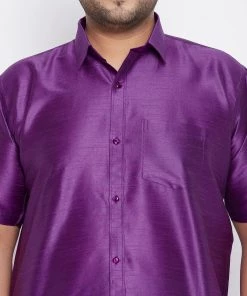Vastramay Men's Plus Size Purple And White Silk Blend Shirt And Mundu Set