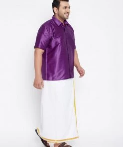 Vastramay Men's Plus Size Purple And White Silk Blend Shirt And Mundu Set