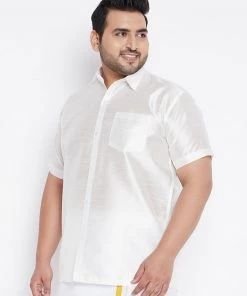 VASTRAMAY Men's Plus Size White Silk Blend Ethnic Shirt