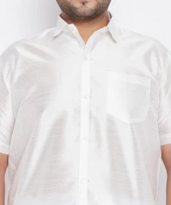 VASTRAMAY Men's Plus Size White Silk Blend Ethnic Shirt
